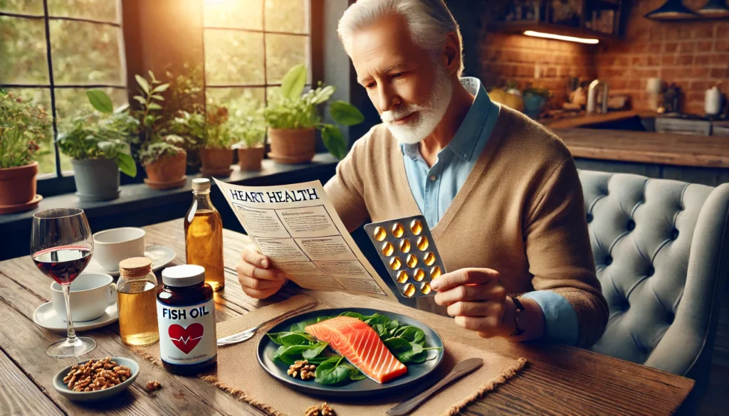 Older adult holding fish oil capsules near heart-healthy foods, representing omega-3 benefits in MCT oil vs fish oil comparison