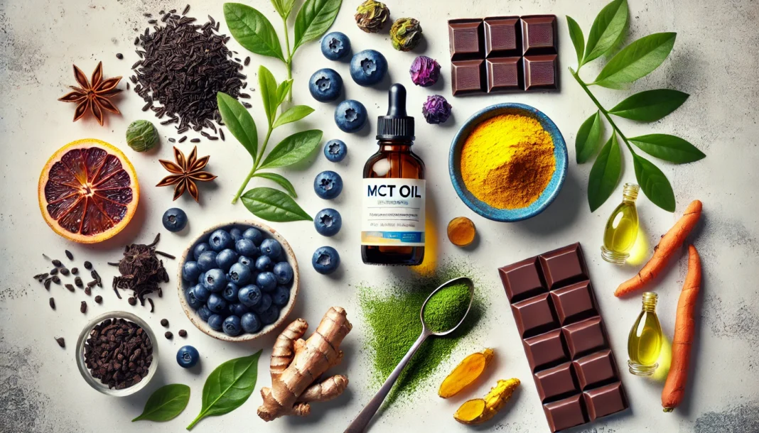 Combination of MCT oil and polyphenol-rich foods like berries and turmeric in a wellness layout