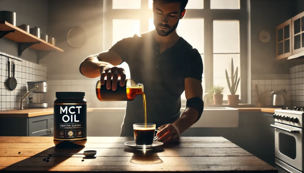 Person adding MCT oil to morning coffee for enhanced brain and metabolic function