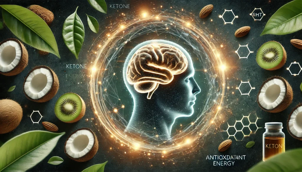 MCT polyphenols enhancing brain health symbolized by glowing neurons and natural textures