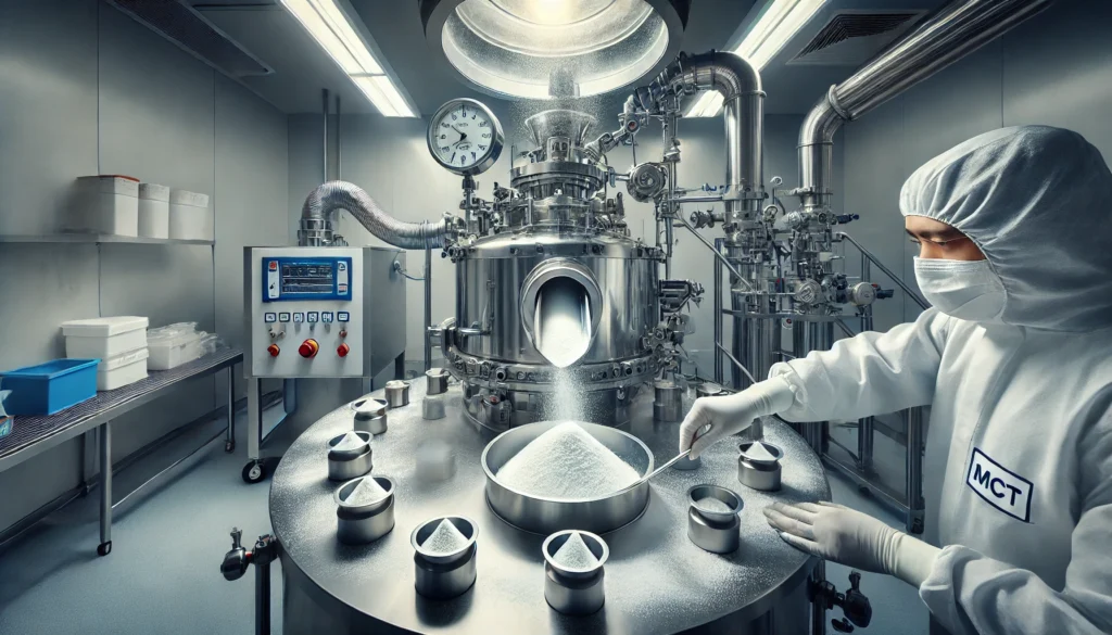 Lab-based spray drying of coconut MCT oil into powder form, showing MCT powder production process