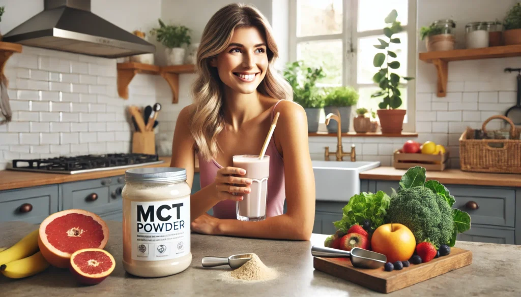 Woman drinking smoothie with MCT powder on kitchen counter, emphasizing digestive benefits of MCT powder