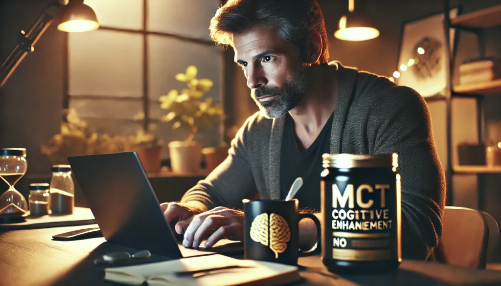 Man working with focus near MCT powder jar and coffee mug, highlighting mental performance benefits of MCT powder