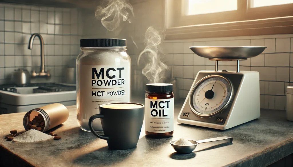 Clean kitchen setup with MCT powder and oil beside coffee and scoop, representing daily use of MCT powder