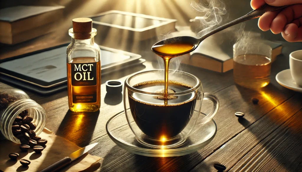 Flat-lay comparison of MCT powder vs oil showing lifestyle integration options
