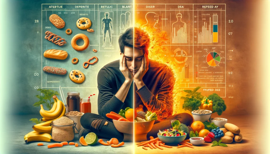 Split-scene visual showing contrast between low-calorie fatigue and high-calorie energy days in the metabolic confusion diet