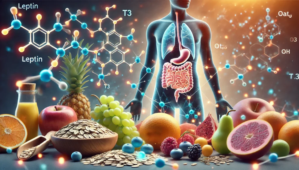 Scientific visualization of leptin and thyroid hormones interacting with nutritious food on a metabolism day in the metabolic confusion diet