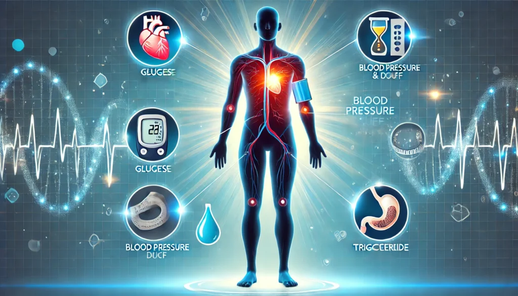 Conceptual image showing diagnostic signs of metabolic syndrome including glucose, waist circumference, and blood pressure