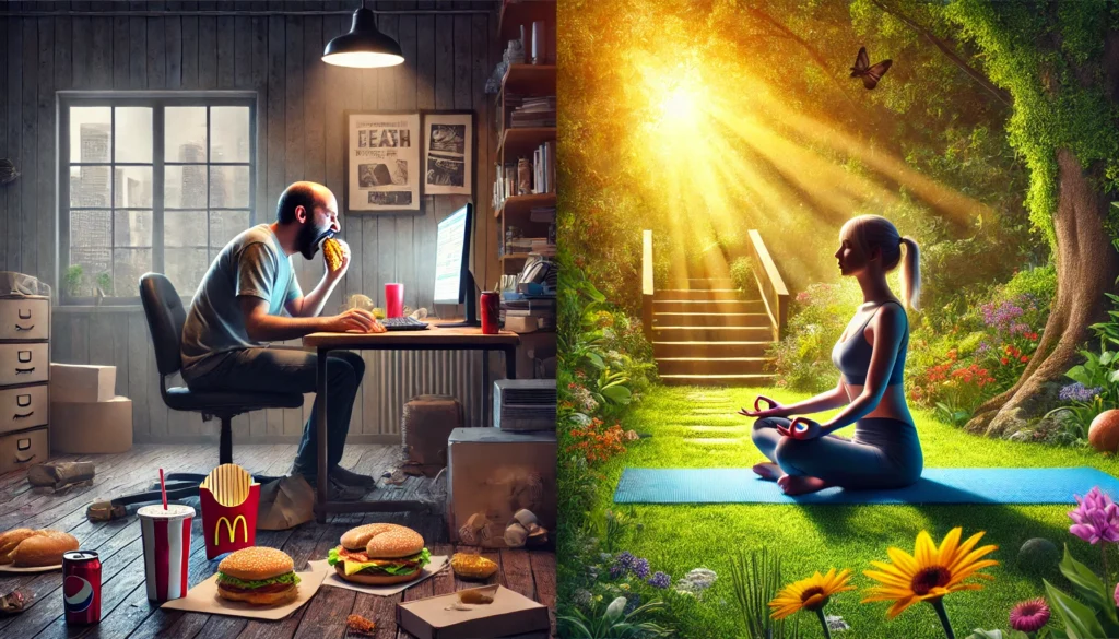 Lifestyle contrast showing stress and poor habits versus calm, active living linked to metabolic syndrome causes