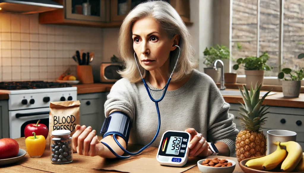 Woman monitoring metabolic syndrome symptoms at home with blood pressure and glucose tools