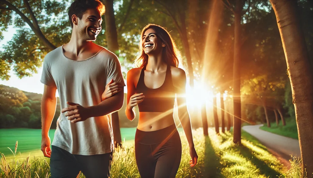 Active couple walking at sunset reflecting long-term lifestyle recovery from metabolic syndrome