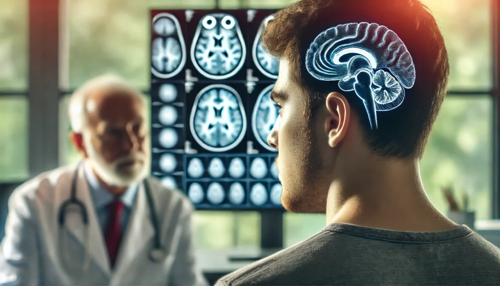 Neurologist evaluating a patient in a cognitive test room with brain scans, related to five words you pronounce wrong before dementia.