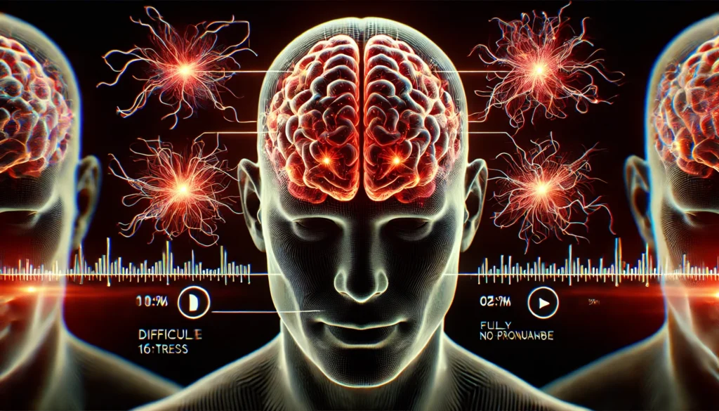 Brain with five red-lit linguistic stress points visualizing areas linked to five words you pronounce wrong before dementia.