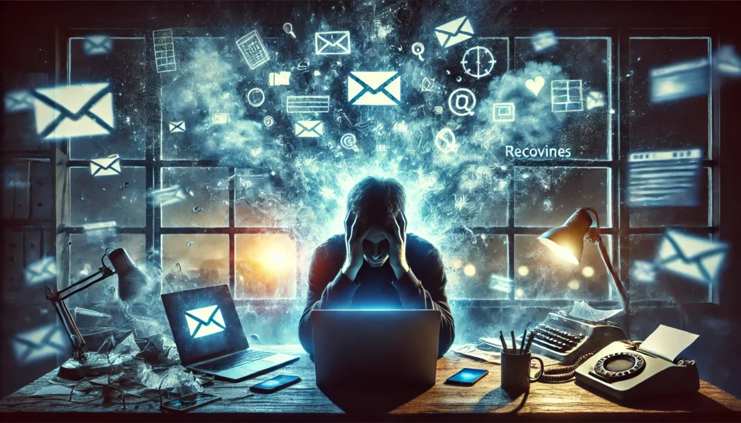 Overwhelmed person at a cluttered desk surrounded by digital chaos symbolizing why my brain is fried