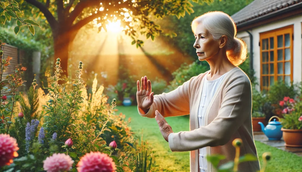 Elderly woman practicing tai chi outdoors to support cognitive health with natural remedies for dementia.