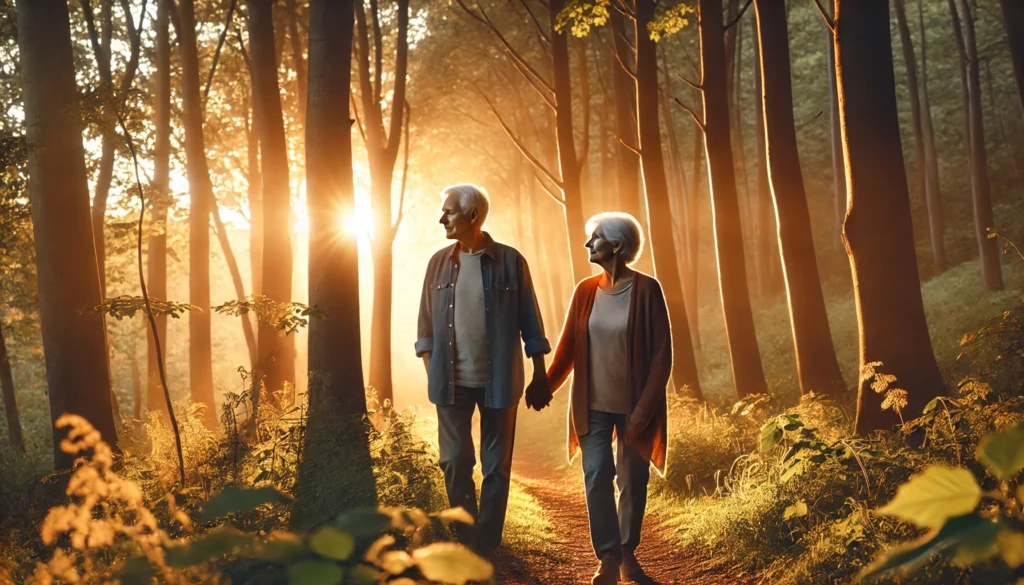 Elderly couple walking peacefully in nature representing the holistic journey of natural remedies for dementia.
