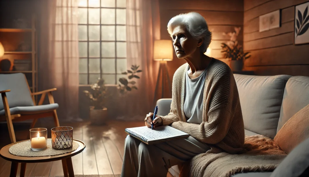 Elderly person showing signs of dementia through emotional frustration and disorganized writing.