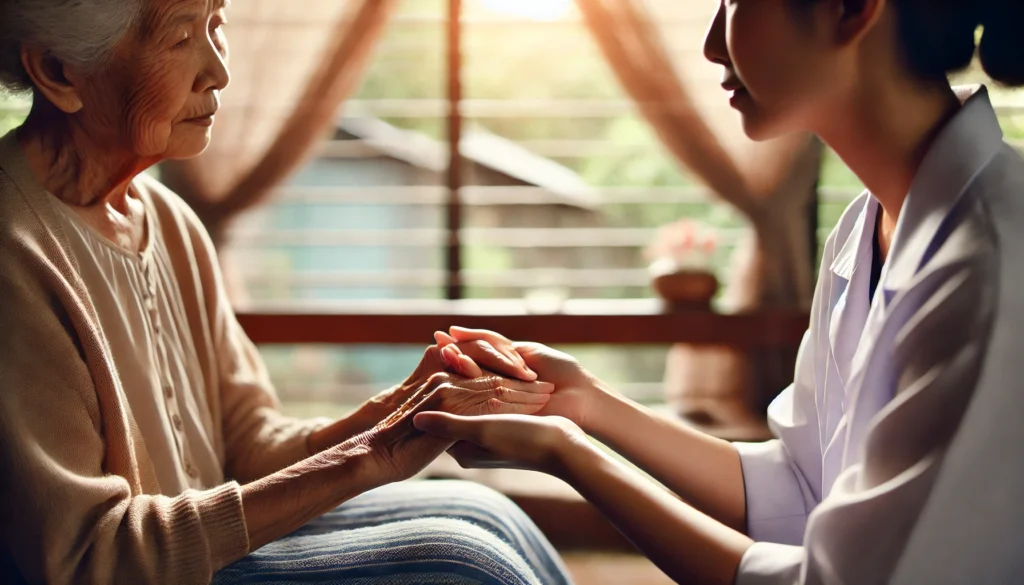 Caregiver supporting an elderly individual with dementia through compassionate, nonverbal connection.