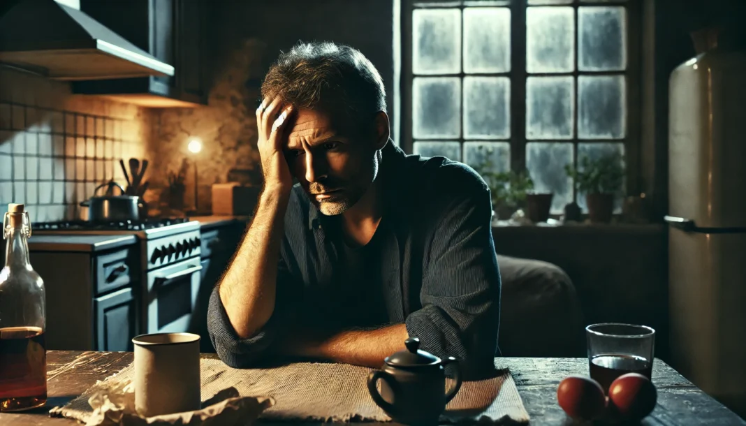 Middle-aged man showing early signs of a person losing their mind with visible confusion and stress