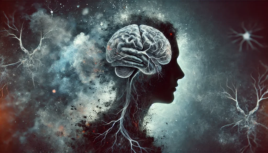 Abstract silhouette representing conceptual signs of a person losing their mind with dissolving mental imagery