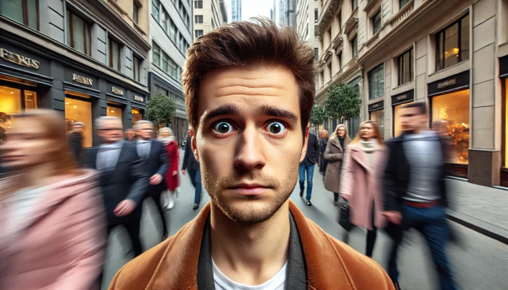 Confused man illustrating perceptual signs of a person losing their mind on a busy street