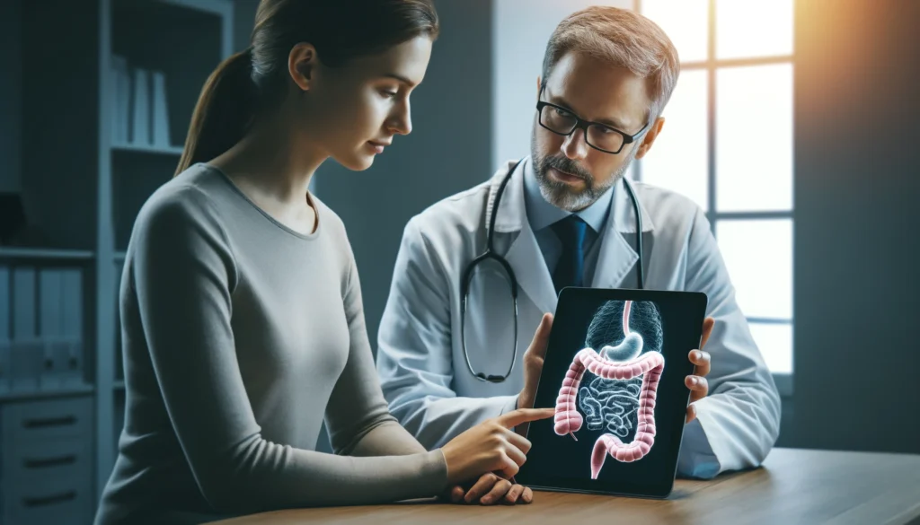 Doctor reviewing gastrointestinal scan with patient to diagnose causes of stomach cramps and diarrhea