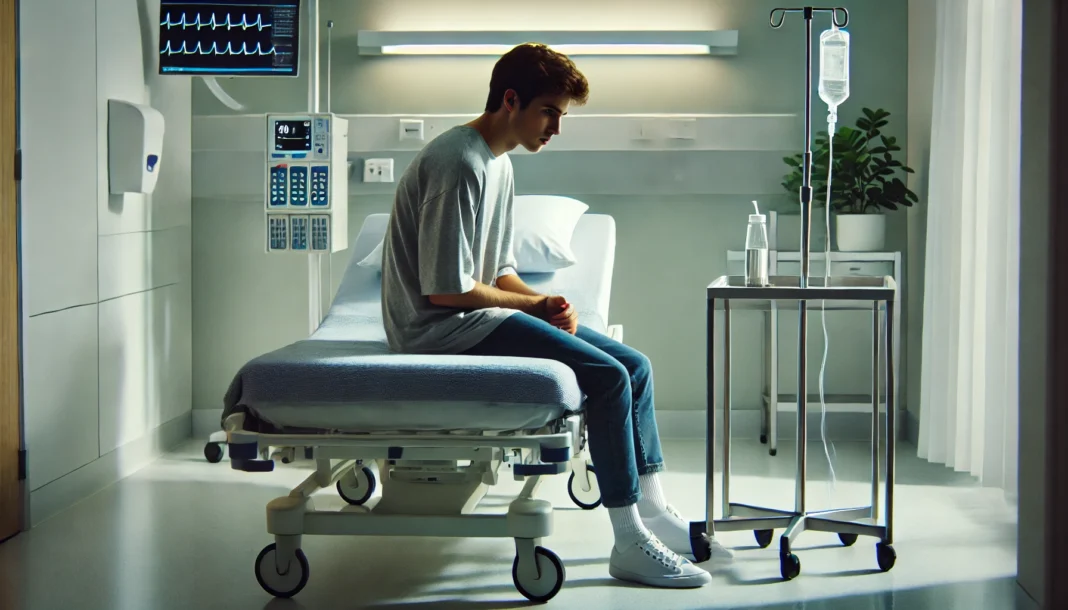 Person experiencing sudden uncontrollable diarrhea symptoms in a hospital setting