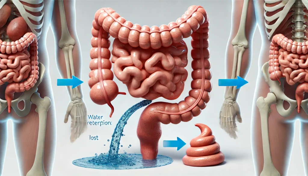 3D illustration of colon showing water absorption differences causing loose feces and diarrhea