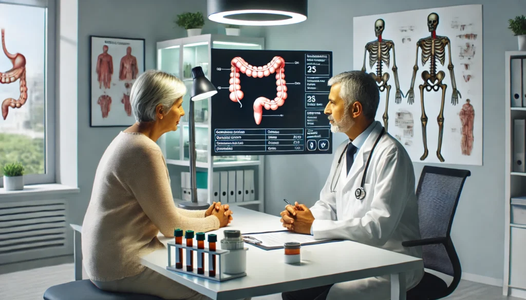 Doctor consulting patient about diagnostic tools for sudden uncontrollable diarrhea and stool testing