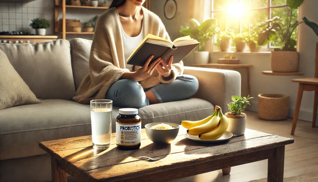 Peaceful recovery scene with probiotics and gentle diet after sudden uncontrollable diarrhea