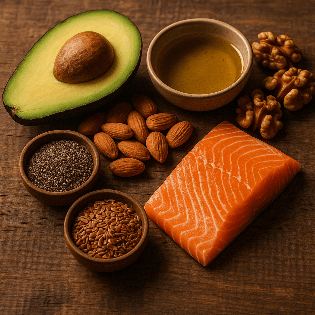 Best Diet Foods including avocado, olive oil, almonds, walnuts, chia seeds, flaxseeds, and salmon on a rustic wooden table