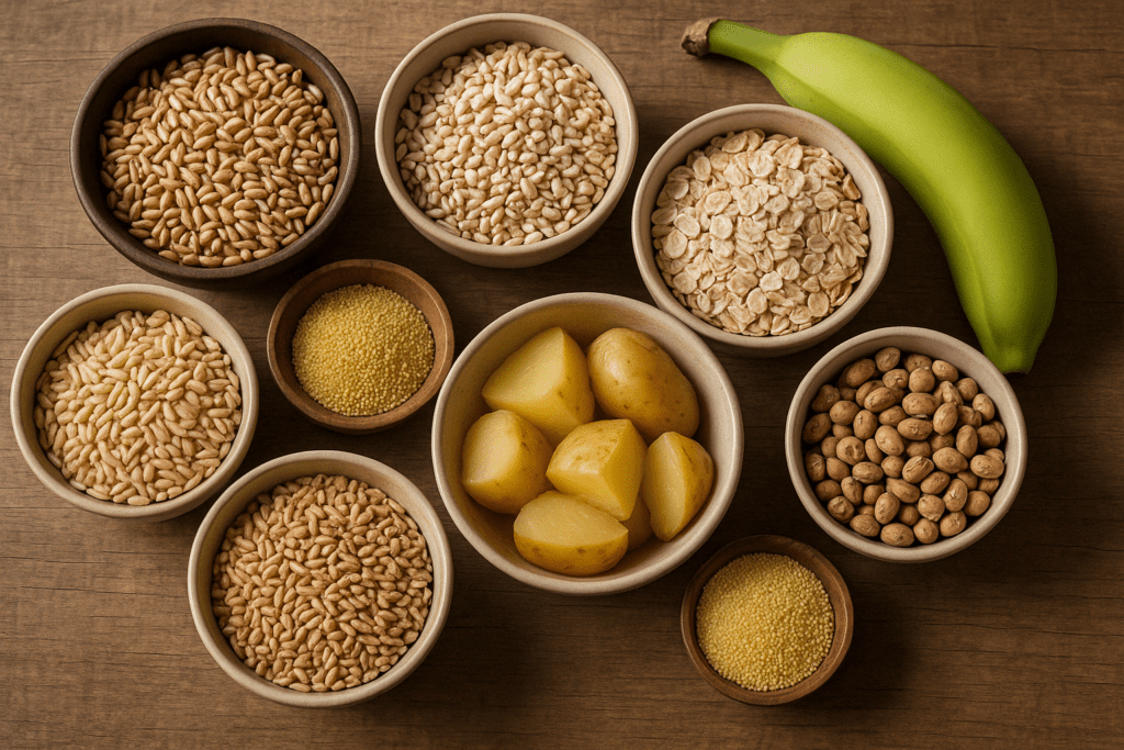 Overhead view of the best diet foods including whole grains, resistant starches, and ancient grains in rustic bowls on a wooden table