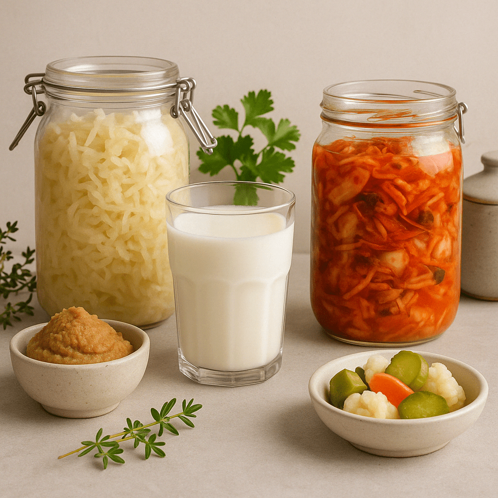 Assorted fermented items like kimchi, sauerkraut, kefir, and miso on a kitchen counter showcasing the best diet foods for gut health