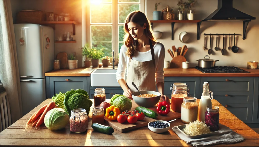 Woman preparing gut healing diet with bone broth, berries, and fermented foods in sunlit kitchen