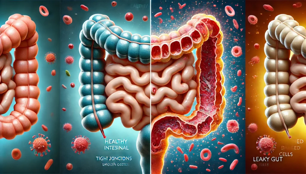 Cross-sectional visualization of healthy vs leaky gut showing intestinal permeability damage