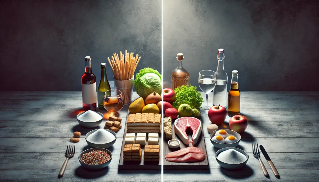 Visual of harmful foods like sugar, processed meats, alcohol contributing to leaky gut damage