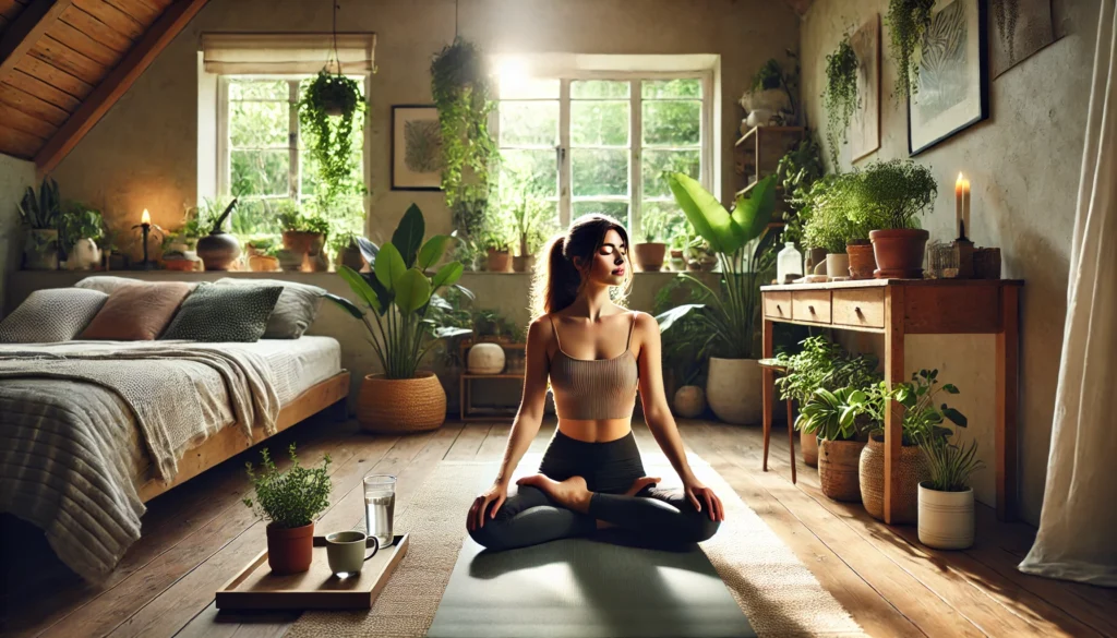 Woman practicing yoga to support gut healing lifestyle with hydration and calm environment