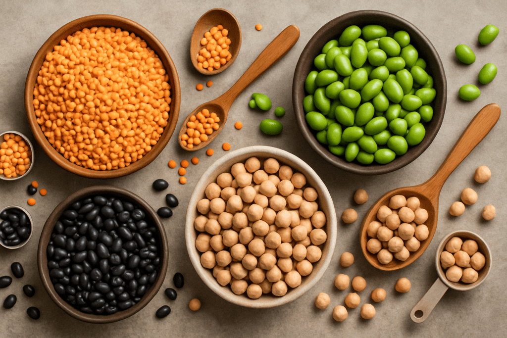 Bowls of lentils, black beans, chickpeas, and edamame on a kitchen counter representing glycogen-rich foods in a balanced diet