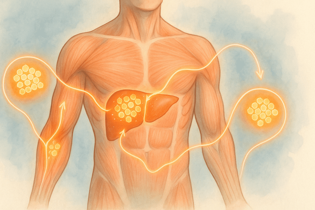 Medical illustration of human body showing glycogen storage in liver and muscles, highlighting metabolic activity and Glycogen-Rich Foods benefits