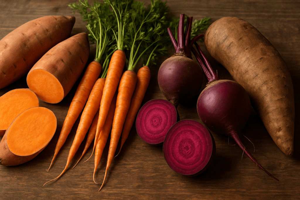 Colorful assortment of glycogen-rich foods including sweet potatoes, carrots, beets, and yams arranged on a rustic wooden table