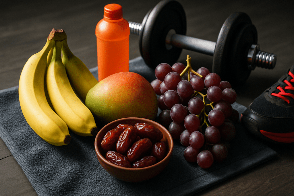 Glycogen-rich foods like bananas, dates, mangoes, and grapes arranged on a gym towel beside athletic gear for post-workout recovery