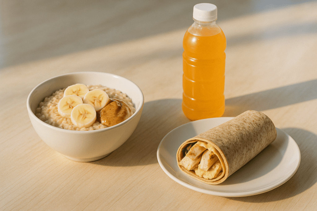 Post-workout meal featuring Glycogen-Rich Foods like oatmeal with banana and almond butter, a chicken wrap, and an electrolyte drink on a sunlit table
