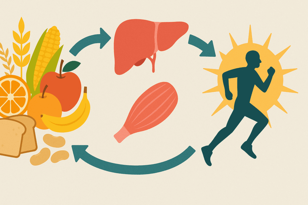 Diagram showing how glycogen-rich foods like fruit, grains, and legumes are stored in the liver and muscles to fuel physical activity