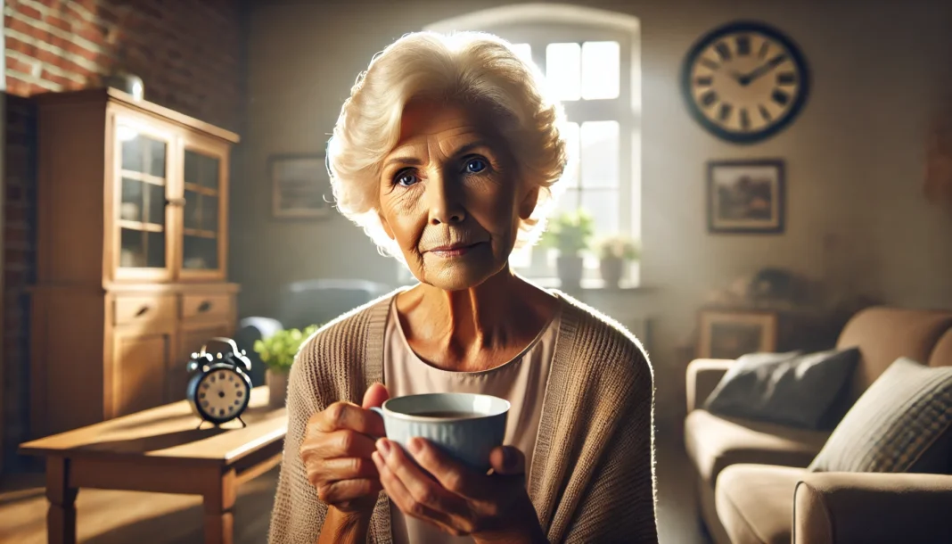 Elderly woman reflecting silently in her living room, symbolizing age related cognitive decline.