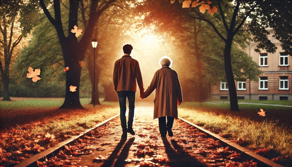 Senior woman walking with her son in a quiet park, reflecting emotional impact of age related cognitive decline.