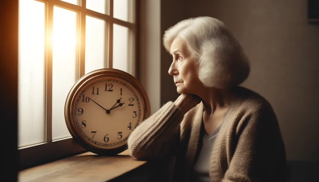 Elderly woman looking confused near a large wall clock, symbolizing dementia and time confusion