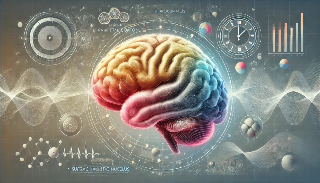 Conceptual diagram of brain regions affecting time perception related to dementia and time confusion.