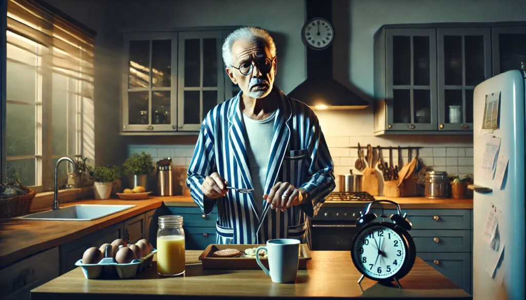 Elderly man confusedly preparing breakfast at night, depicting dementia and time confusion in daily life.