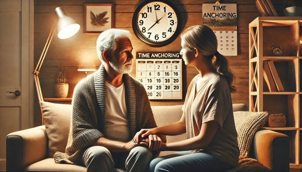 Caregiver supporting elderly parent beside calendar and clock, emphasizing emotional care in dementia and time confusion.