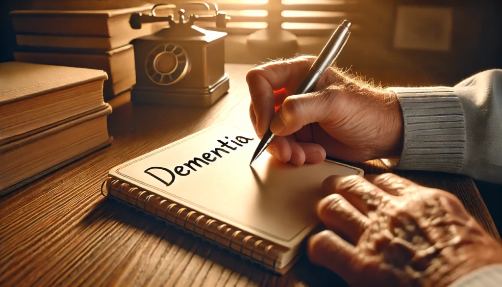 Handwriting the word dementia in a journal to enhance understanding of dementia vs Alzheimer symptoms